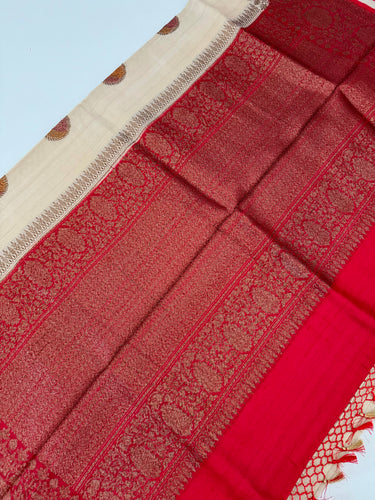 Lightweight Tussar Silk Saree | Antique Zari | Beige | Hand Brushed | Handwoven | Ships from California